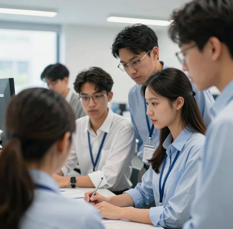 Close-up portrait of a diverse group of students and a faculty member collaborating on a project in a modern, brightly lit university lab, focused on a screen, natural daylight, crisp corporate environment, professional cool tones, shallow depth of field. Subject off-center to the right.