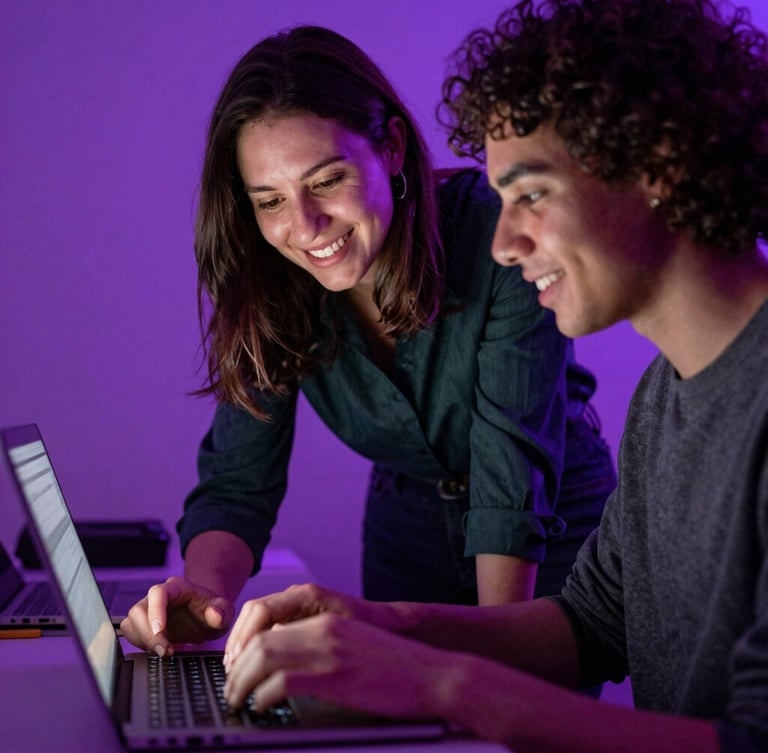 A supportive female mentor guiding an adult student typing on a laptop, warm purple ambient screen glow, natural smiles, close-up documentary style.