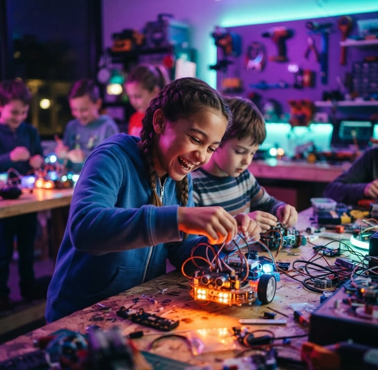 Low-angle dynamic shot of children building robots with glowing LED components in a high-energy makerspace, vibrant purple and aqua ambient light, shallow depth of field, 35mm lens