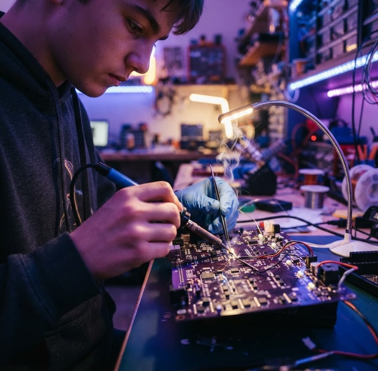 Dynamic close-up of hands-on work, a teenager soldering a custom circuit board with glowing purple and blue LED ambient lights in a community makerspace, shallow depth of field, 35mm lens