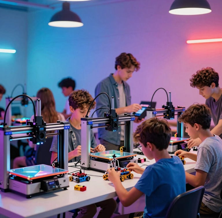 A bustling community makerspace with 3D printers active, children and adults collaborating on a robotics project under colorful LED studio lighting