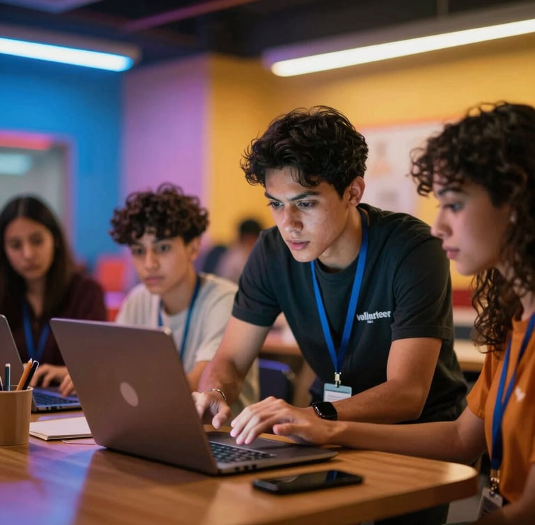 A volunteer mentor guiding an adult learner at a laptop in a vibrant community center, warm neon ambient light, shallow depth of field, 35mm lens