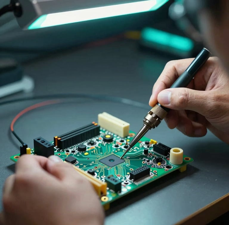 Close-up of hands soldering a colorful circuit board under bright workbench lights, deep graphite background with aqua neon glow.