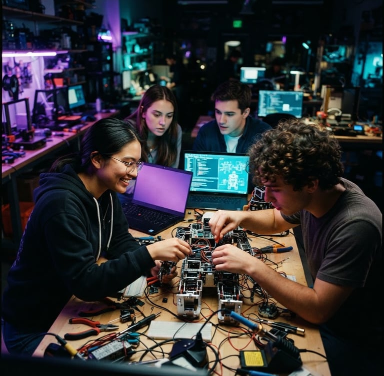 Vibrant low-angle shot of young adults collaborating on a robotics project in a high-tech makerspace, illuminated by electric purple and aqua blue screen glow, dynamic 35mm documentary style.