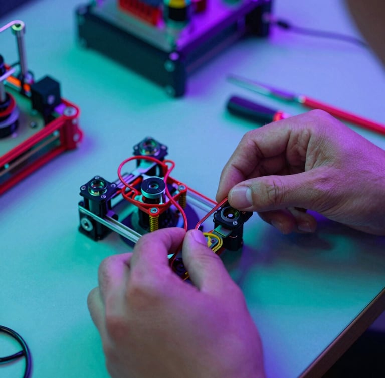 Dynamic close-up of hands assembling a robotics kit on a workbench, vibrant aqua and purple ambient neon lighting, shallow depth of field, 35mm lens.