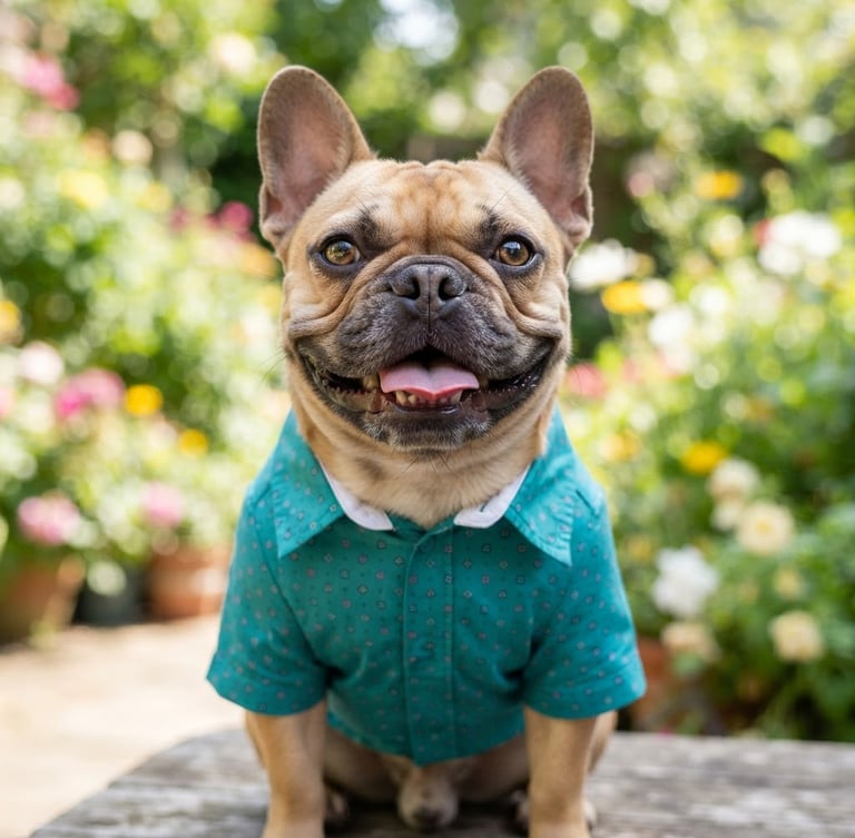 Bright eye-level portrait of a happy French Bulldog wearing a colorful teal tailored shirt, natural daylight, soft background, cheerful expression