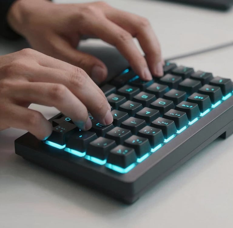 Close-up macro shot of hands on a mechanical keyboard, illuminated by cool cyan screen light, clean desk setup, high contrast.