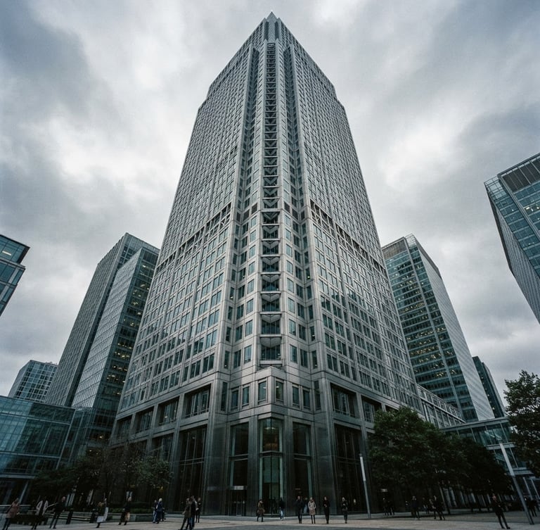 Wide panoramic architectural detail of 1 Canada Square, Canary Wharf, London, seen from a low angle, cool overcast London daylight, sharp shadows, high-contrast, desaturated corporate tones, 35mm film photography, structural elements emphasized.