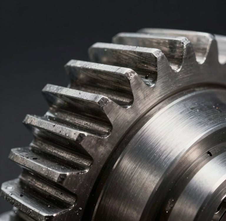 Macro close-up of machined steel gear teeth with precise tolerances, cool-toned industrial studio lighting, high contrast, dark background