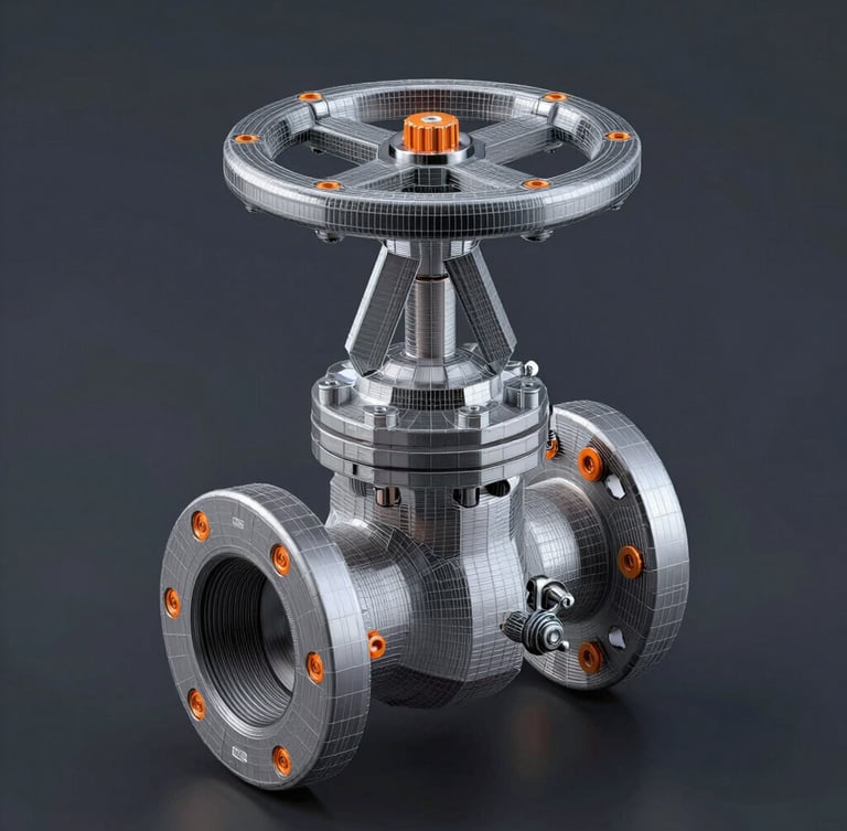 Isometric CAD assembly of a high-pressure industrial ball valve, wireframe overlay, dark slate background, safety orange highlights, cool studio lighting.
