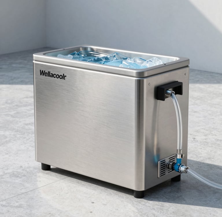 Sleek brushed steel Wellacooler water chiller unit on a minimalist concrete deck, crisp morning light reflecting off clean water tubes, sharp focus, 50mm lens