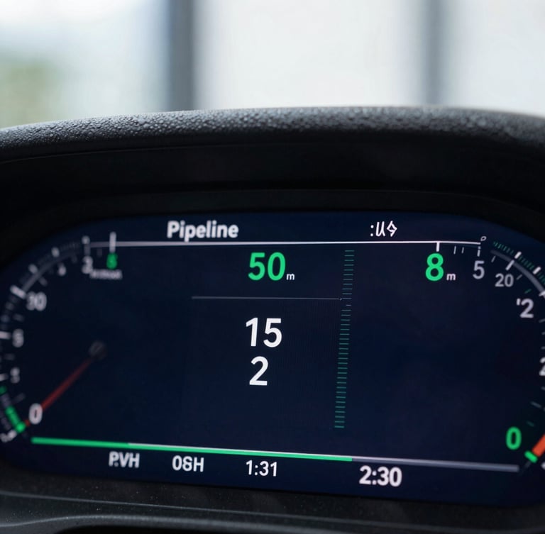 Macro shot of a high-contrast digital dashboard showing positive pipeline metrics, sharp lines, cool natural office lighting, shallow depth of field