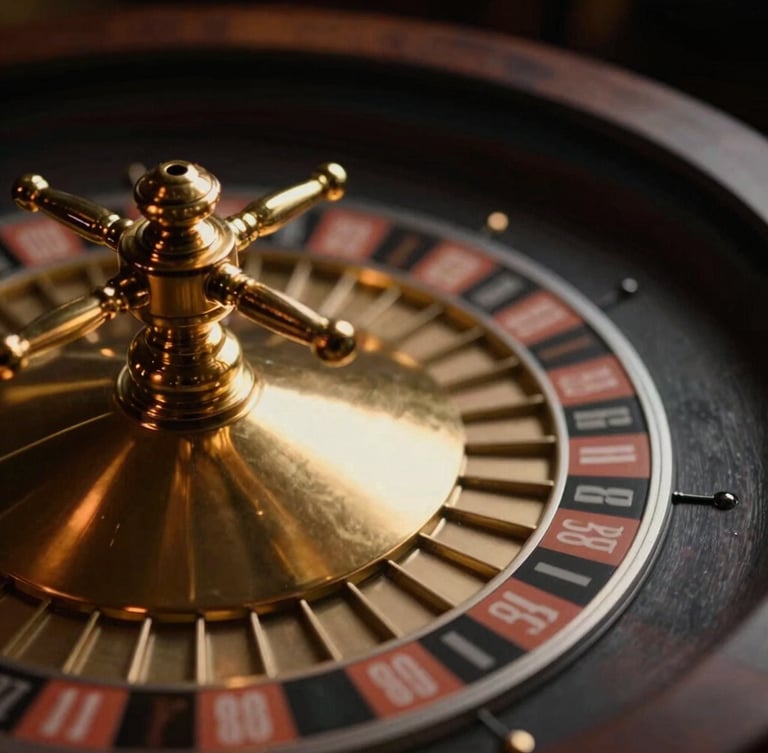 Macro shot of a spinning roulette wheel with elegant golden motion blur, light reflections on dark wood, high-contrast chiaroscuro, 35mm film style.