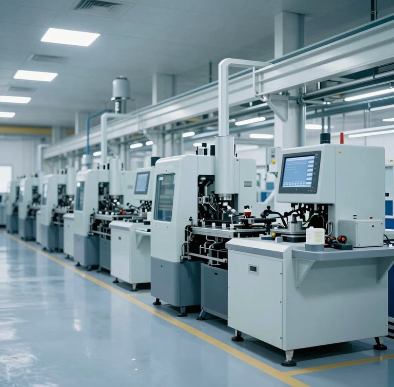 Wide shot of a modern, clean factory floor with machinery, cool industrial lighting, desaturated corporate blue tones, 35mm.