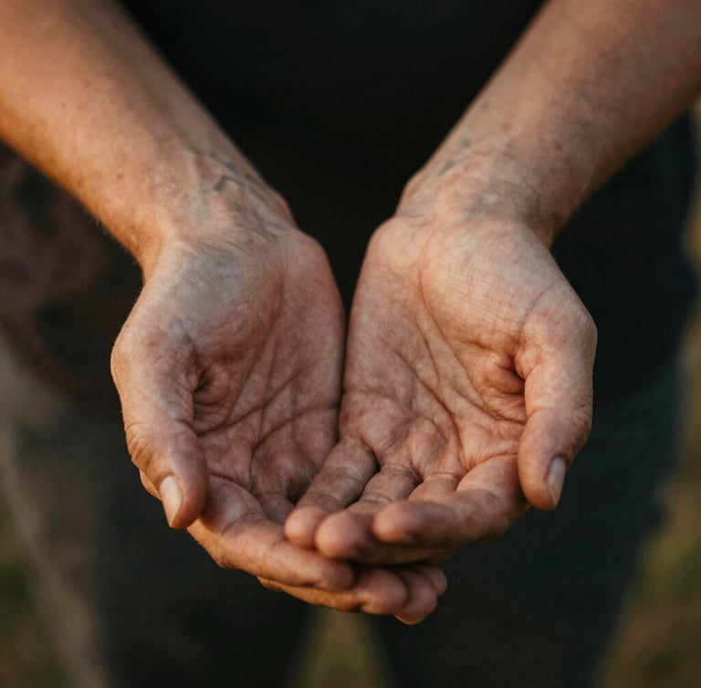 Close-up of hands clasped in support, weathered hands, warm natural low-key lighting, authentic depth of field.