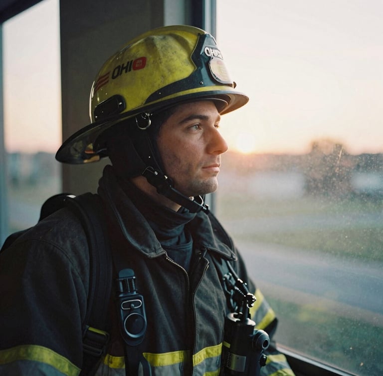 A quiet, reflective portrait of an Ohio first responder looking out a window during golden hour, soft focus, authentic 35mm film feel.