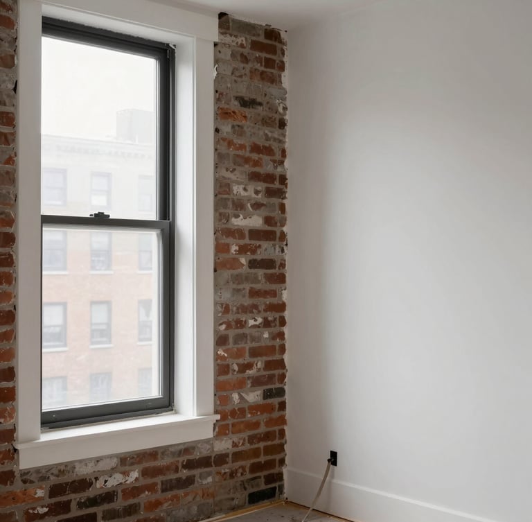 Crisp editorial photography of a clean residential interior renovation in progress, natural light streaming through a tall window, exposed brick wall paired with freshly painted white molding, sharp focus on architectural textures.