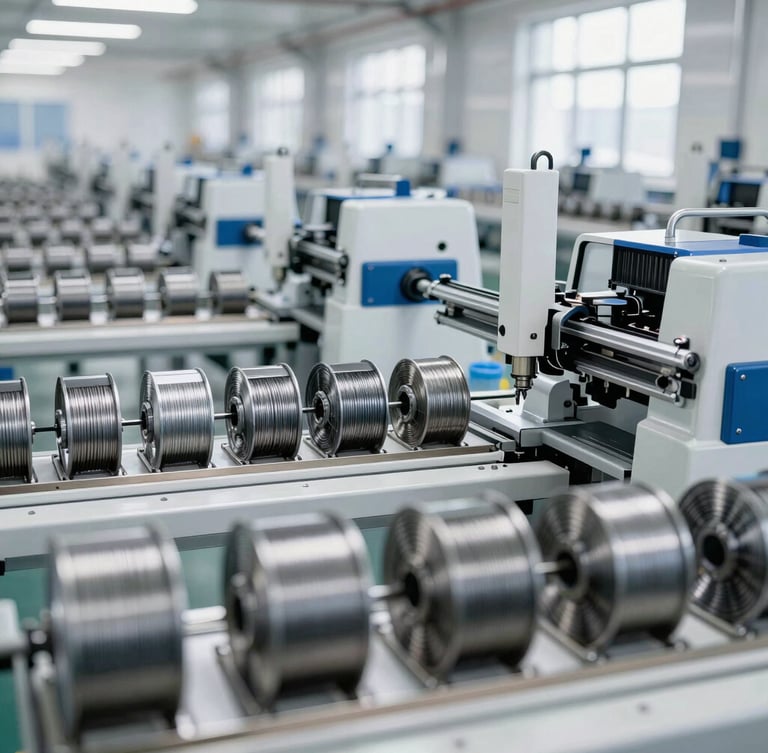 Wide-angle factory floor showing high-speed automated nail-making machines, bright clean industrial daylight, rows of steel wire coils.