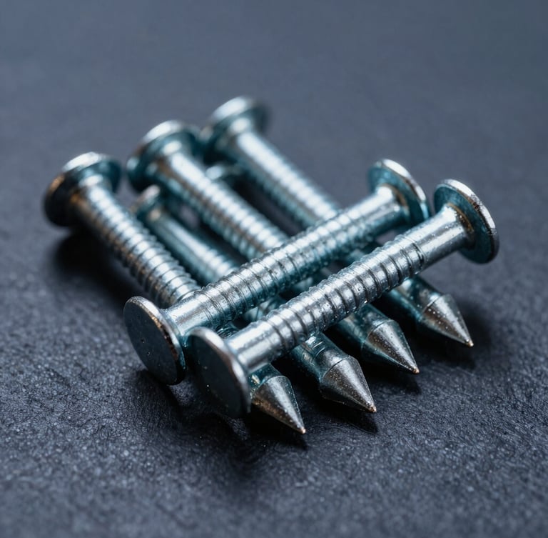 Sharp macro shot of galvanized coil nails, high-contrast industrial studio lighting, metallic steel textures, deep blue shadows.