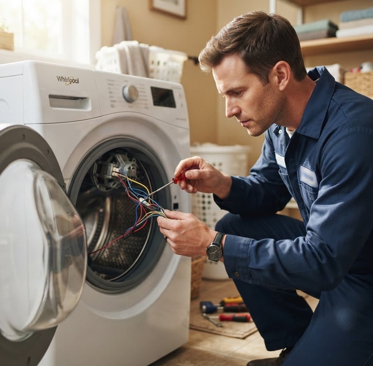A professional technician in a clean blue uniform carefully inspecting the wiring of a washing machine drum, bright natural home lighting, medium close-up.