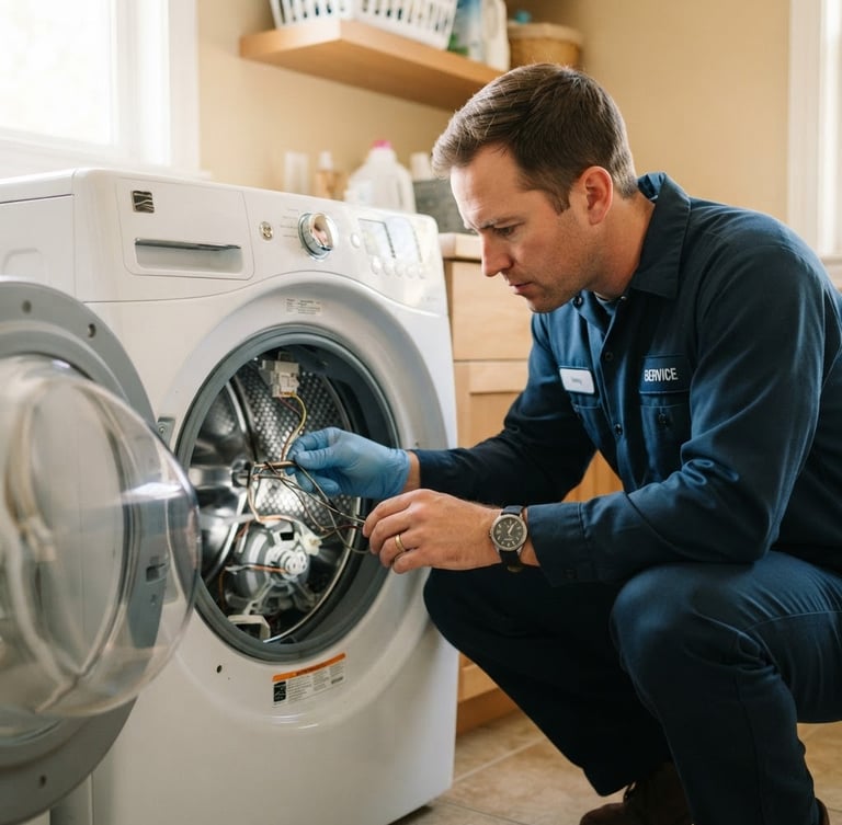 A professional technician in a clean blue uniform diagnosing a washing machine drum, bright natural home lighting, realistic warm tones, medium close-up of hands-on technical work