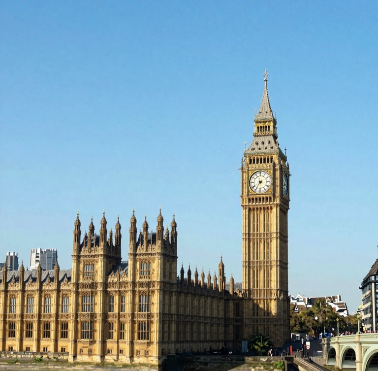 Wide-angle vibrant shot of the London skyline with the Big Ben and Westminster Bridge under bright clear daylight