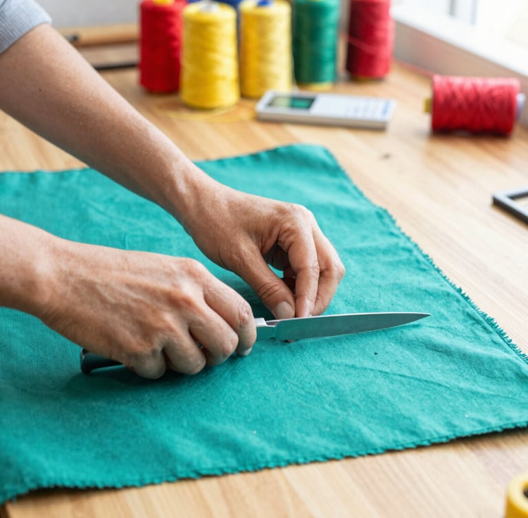 Hands of an artisan carefully cutting vibrant teal fabric on a wooden worktable in a bright, sunlit workshop in Celaya, colorful threads and sewing patterns visible in the soft background