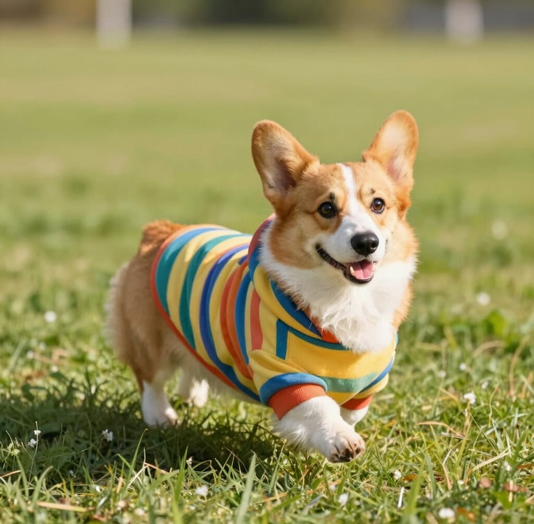 A happy Corgi dog running happily in a bright grassy park, wearing a custom-fit colorful striped hoodie that fits perfectly, warm daylight, 35mm