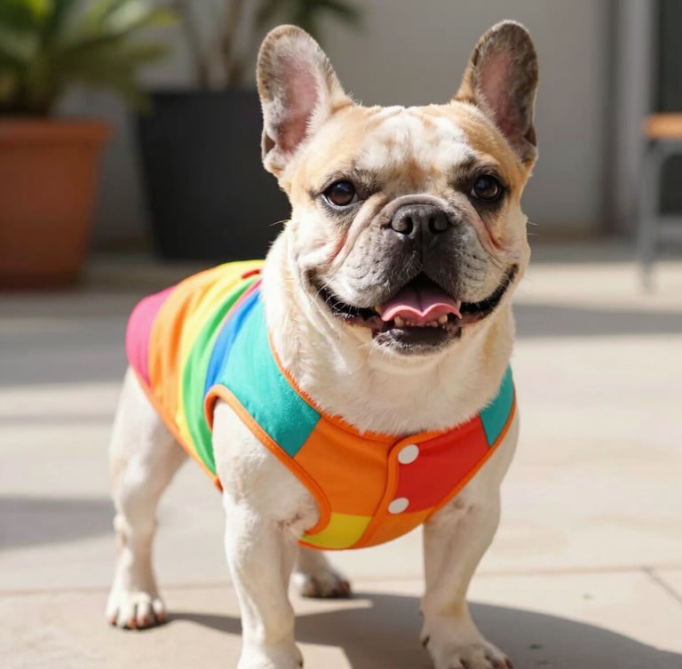 Close-up of a happy, unique-sized French Bulldog wearing a vibrant custom-tailored colorful vest, standing comfortably in a sunny patio, warm natural daylight, shallow depth of field, 35mm