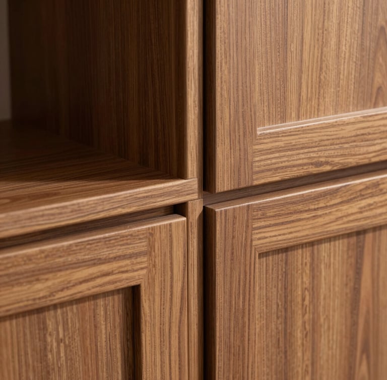 Close-up of a flush-mounted turf seam meeting custom walnut cabinetry, clean lines, sharp shadows, architectural detailing