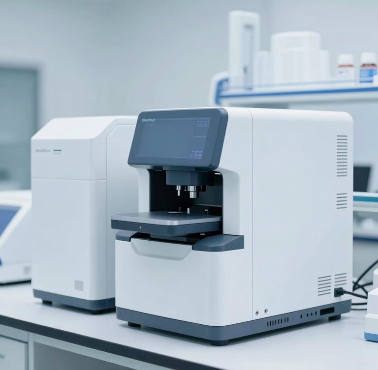 A sterile modern laboratory interior with advanced high-throughput diagnostic analyzers, cool daylight, clean slate and white tones