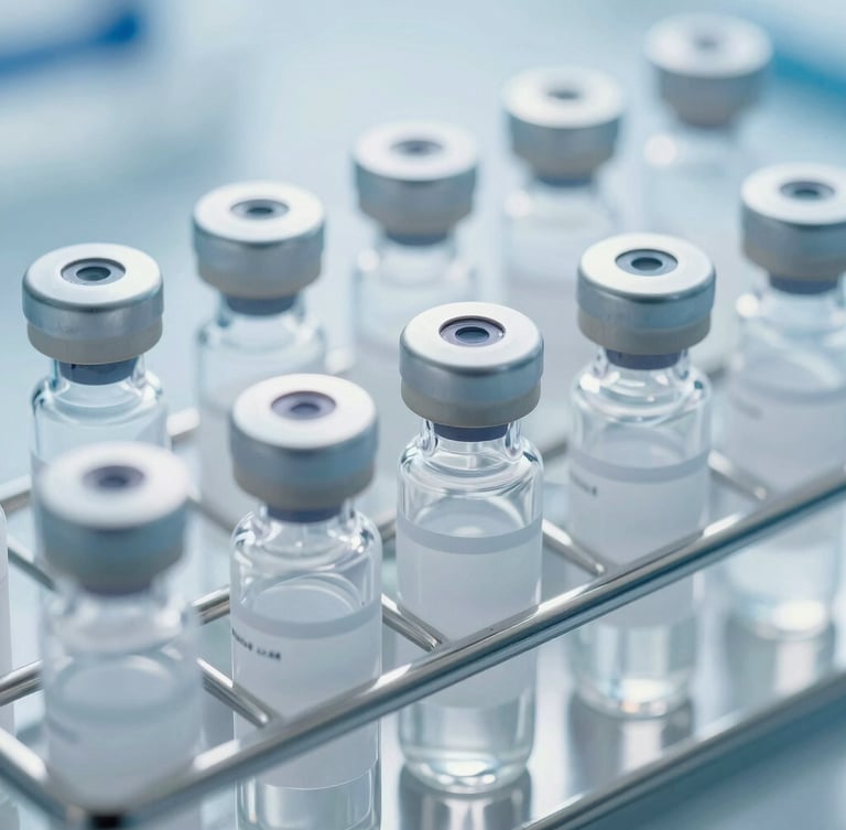 Close-up of sealed diagnostic vials arranged in a sterile metal rack, cool daylight, subtle blue-toned shadows.