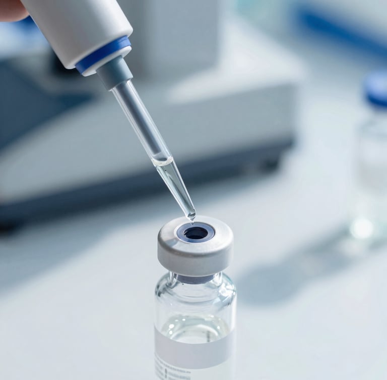 Macro close-up of a high-end laboratory pipette dispensing liquid into a sealed vial, bright cool daylight, sterile blue-toned shadows, sharp focus