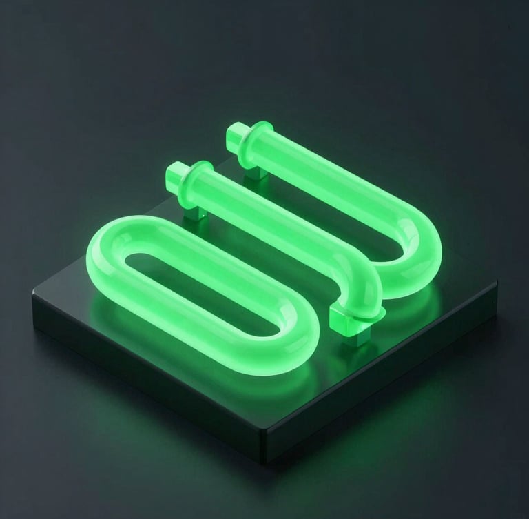 Macro isometric 3D render of glowing neon green data pipelines running through dark obsidian glass blocks, octane render