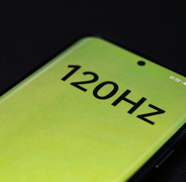 Macro close-up of a flagship Android phone screen under moody cyber-lime neon glare, showing a fluid 120Hz UI transition with sharp vector geometry, high-contrast reflections on the glass.