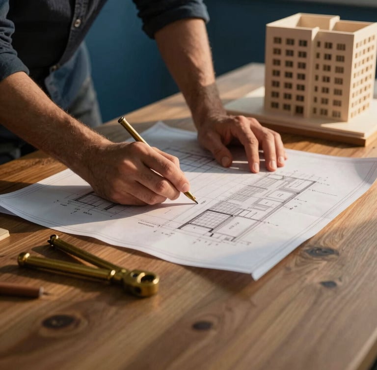 Hands of an architect reviewing blueprints on a solid oak table with brass tools next to a physical building model