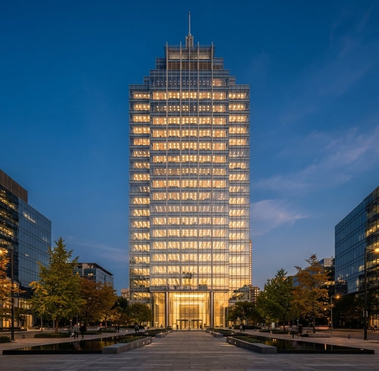 Symmetric architectural elevation of a modern glass and steel office skyscraper at golden hour, warm interior lights glowing, clean lines, medium format