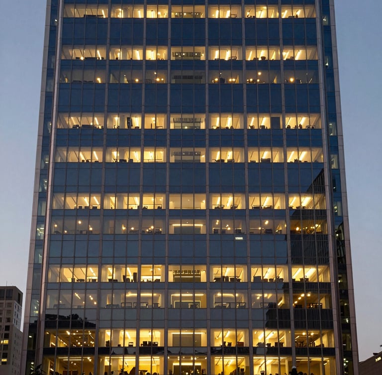 Straight-on elevation of a modern glass and steel office skyscraper at dusk, warm interior lights glowing, architectural symmetry, medium format