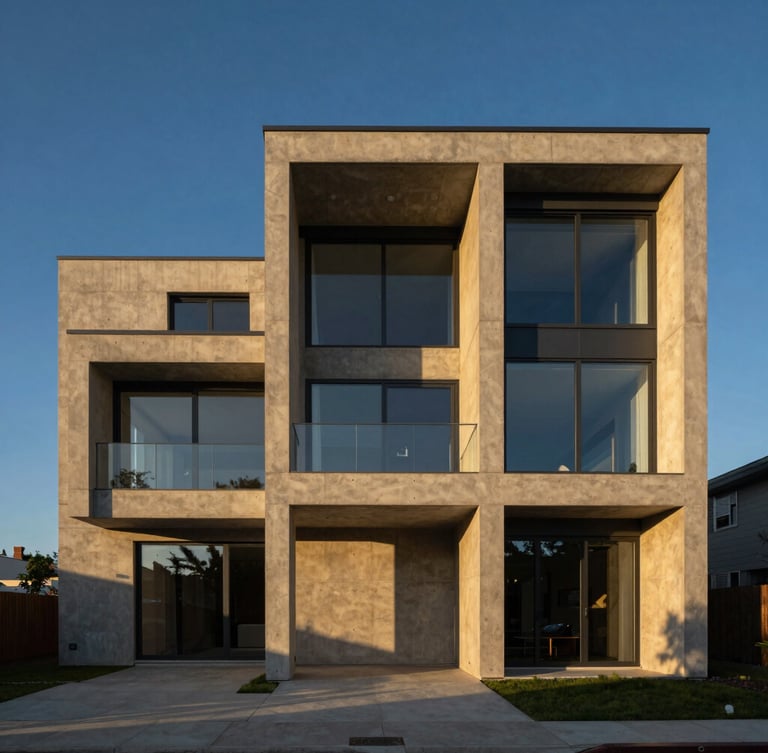 Symmetric, straight-on elevation of a modern concrete and glass villa, late afternoon golden-hour light casting long shadows, deep blue and warm gold undertones, medium format