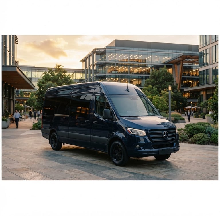 Pristine Mercedes-Benz Sprinter shuttle parked in a modern corporate plaza, soft golden-hour daylight reflecting on the polished dark navy body, wide environmental shot, 35mm