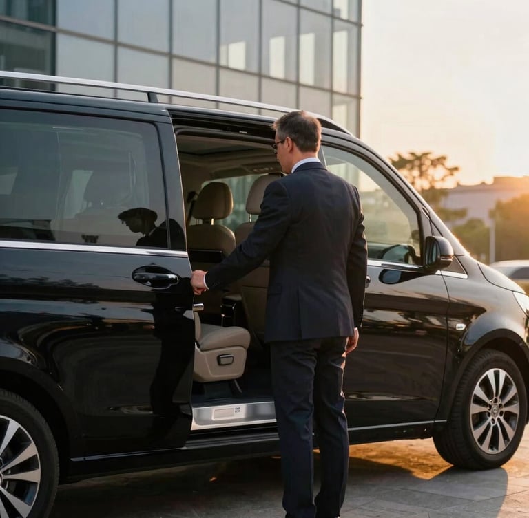 Professional corporate driver in a dark suit opening the door of a polished black luxury Mercedes Vito, modern glass building in the background, warm sunset light, sharp focus