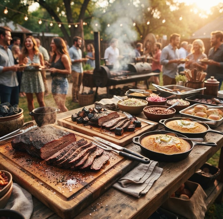 Wide panoramic shot of a rustic outdoor barbecue buffet under warm late-afternoon sun, glistening sliced brisket on wooden boards, cast-iron pans of cornbread, shallow depth of field