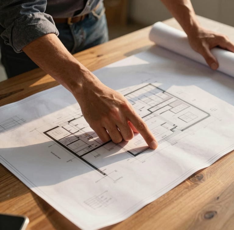Close-up shot of a bilingual construction manager pointing to architectural blueprints on a clean wooden table, golden-hour light highlighting the paper texture