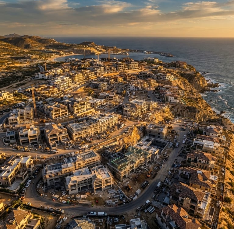 Dramatic aerial drone shot of a massive luxury residential development under construction, golden hour sunlight, high contrast