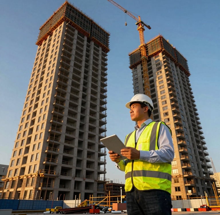 Wide-angle environmental portrait of a professional bilingual construction manager in a safety vest holding a tablet on an active, clean high-rise job site during golden hour.