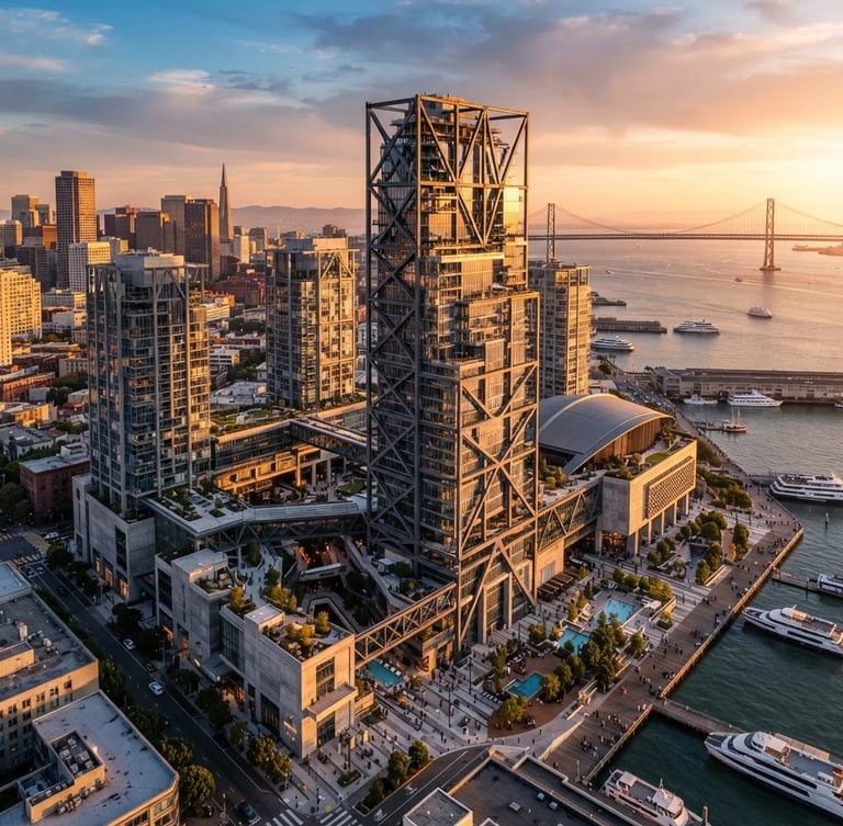 Dramatic aerial drone shot of a massive luxury commercial development under clear golden-hour sunlight, showing crisp architectural concrete lines and structural steel framing.