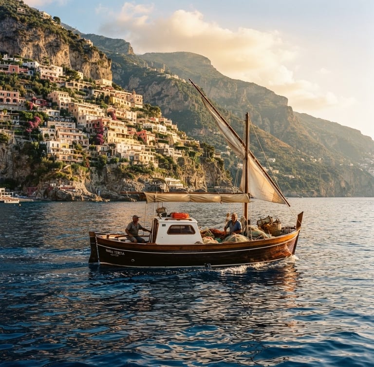 Wide environmental shot of a classic wooden gozzo boat sailing near the dramatic cliffs of Positano, warm golden hour Mediterranean sunlight reflecting off the deep blue water