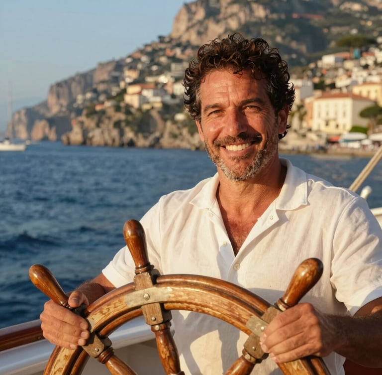 Close-up portrait of an authentic Italian skipper smiling at the helm of a wooden boat, sun-drenched Amalfi coast cliffs blurred in the background, warm editorial lighting.