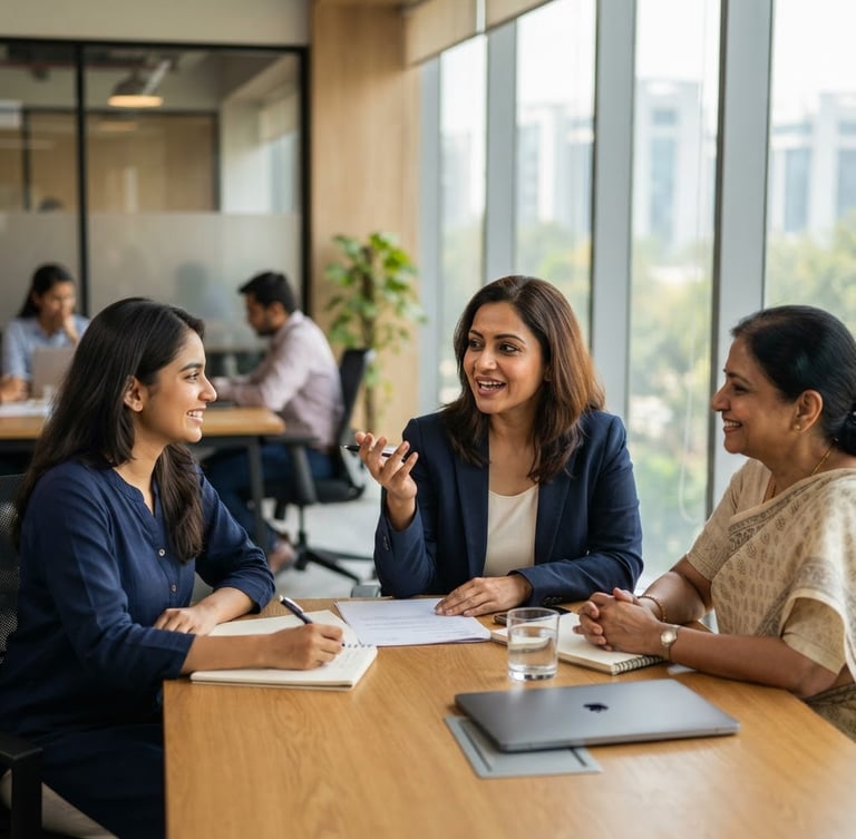 Professional Indian advisors in a bright, modern Gurugram office, engaged in a candid discussion, shallow depth of field, natural window light.