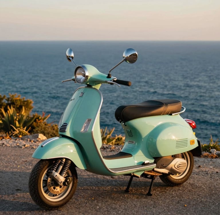 A pristine vintage mint-green Vespa scooter parked on a scenic coastal cliff overlooking the deep blue Mediterranean Sea in Nice, warm golden hour light, editorial photography, 35mm style